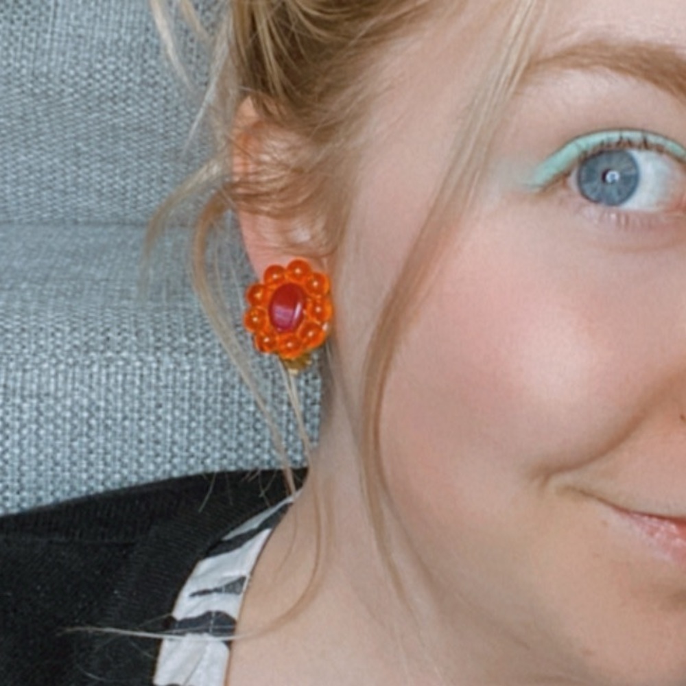 Vintage Made in Austria Clip On Earring Orange Red Beaded Flower Round